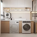 Modern Kitchen Interior Design With Light Wood Cabinets Countertop Appliances And Hanging Utensils
