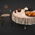 Vintage Rocking Chair With Round Table Lace Tablecloth Clay Jug Oil Lamp And Fruit Plate