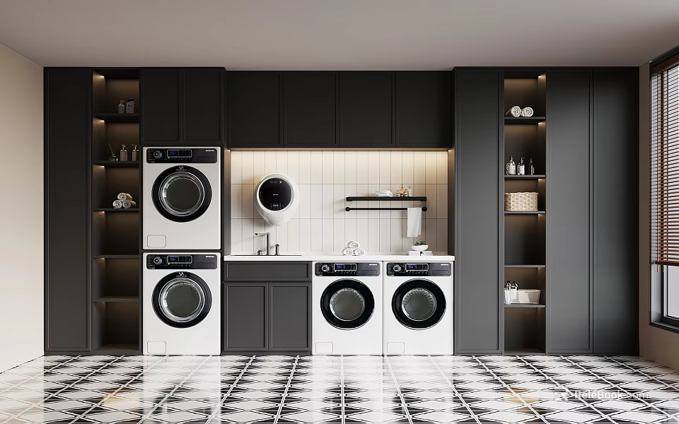 Modern Laundry Room With White Washing Machines Black Cabinets And Checkerboard Floor 3d model 