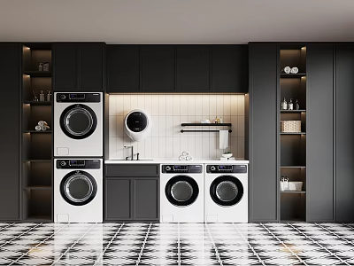 Modern Laundry Room With White Washing Machines Black Cabinets And Checkerboard Floor 3d model