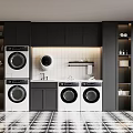 Modern Laundry Room With White Washing Machines Black Cabinets And Checkerboard Floor