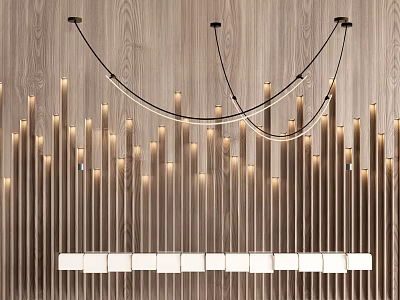 Elegant Modern Chandelier With Arranged Warm Lights On Wooden Wall Interior 3d model