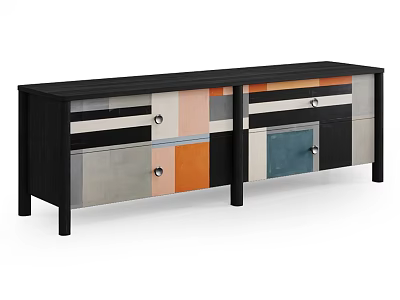 Modern TV Stand With Colorful Geometric Panels Multiple Drawers And Black Frame 3d model