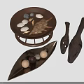 Elegant Brown Decorative Furniture Pieces With Shells Stones Boat Shaped Tray And Black Vases