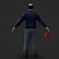 Man In Dark Blue Jacket Red Green Accents Holding Silver Megaphone Gray Pants Full Body