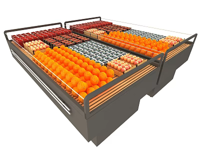 Various Colorful Fresh Fruits Neatly Arranged In Multi Tiered Commercial Refrigerated Display Case 3d model