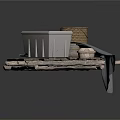 Wooden Pallet Platform With Metal Container Woven Basket Gray Cloth And Small White Items