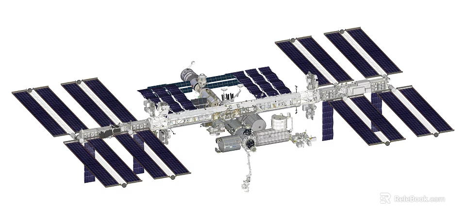 Cartoon Space Station Scenario With Solar Panels And Modules In Orbit 3d model 