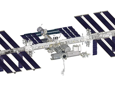 Cartoon Space Station Scenario With Solar Panels And Modules In Orbit 3d model
