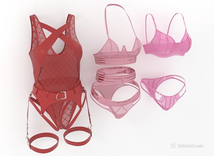 Fashionable Red and Pink Women's Lingerie Sets with Bodysuit Bras Panties and Lace Mesh Design 3d model 
