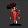 Traditional Red Kimono Costume With Doll Figure And Red Umbrella Cherry Blossom Petals