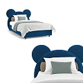 Cozy Blue Upholstered Kids Bed with Mickey Mouse Ear Shaped Headboard and White Bedding