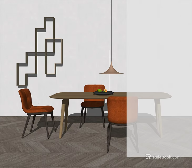 Modern Rectangular Dining Table Set With Orange Chairs Geometric Wall Decor And Hanging Pendant Light 3d model