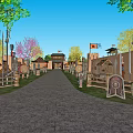 Ancient Medieval Weapons Displayed Along Stone Path With Flags Trees And Gate In Military Camp 3d model