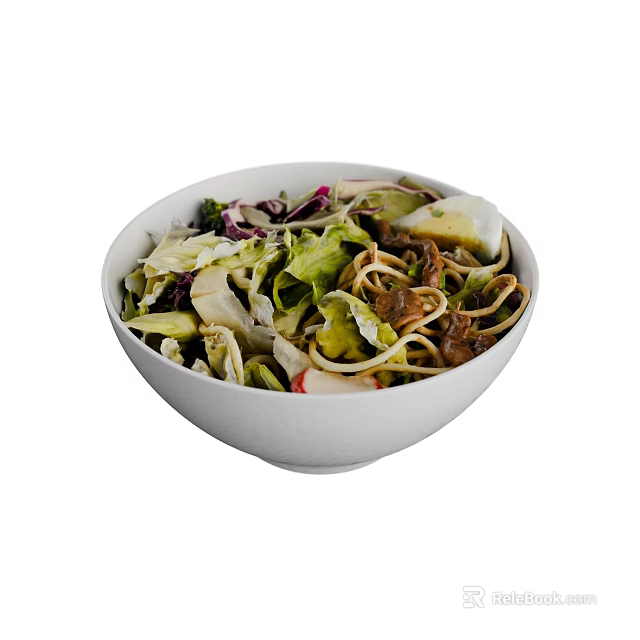 Fresh Mixed Salad Bowl With Green Lettuce Purple Cabbage Noodles And Tender Meat 3d model 