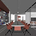 Modern Conference Room Interior With Long Table Orange Chairs Colorful Spherical Wall And City View