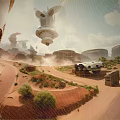 Cartoon Sci Fi Desert Scene With Futuristic Buildings And Vehicle