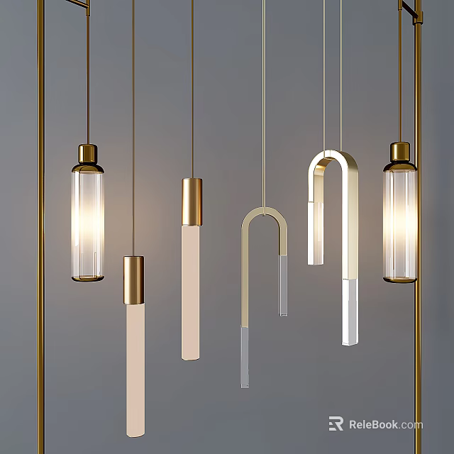 Contemporary Chandeliers In Various Shapes With Golden Metal And Glass 3d model 