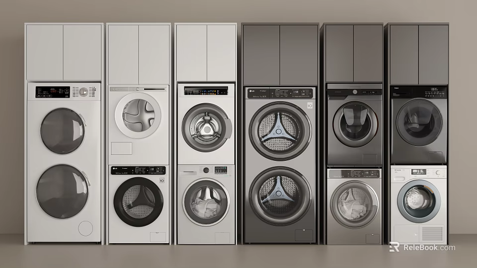 Various Modern Washing Machines And Dryers In White And Gray Colors 3d model 