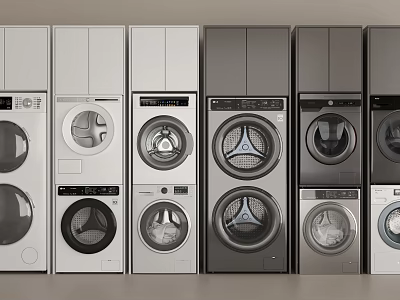 Various Modern Washing Machines And Dryers In White And Gray Colors 3d model