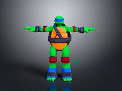 Ninja Turtle Action Figure With Green Body Orange Shell Colored Armor And Outstretched Arms 3d model