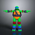 Ninja Turtle Action Figure With Green Body Orange Shell Colored Armor And Outstretched Arms