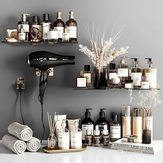 Modern Bathroom Accessories On Shelves With Hair Dryer Skincare Bottles Towels And Dried Flowers 3d model 