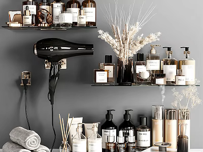 Modern Bathroom Accessories On Shelves With Hair Dryer Skincare Bottles Towels And Dried Flowers 3d model