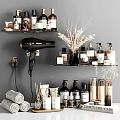 Modern Bathroom Accessories On Shelves With Hair Dryer Skincare Bottles Towels And Dried Flowers