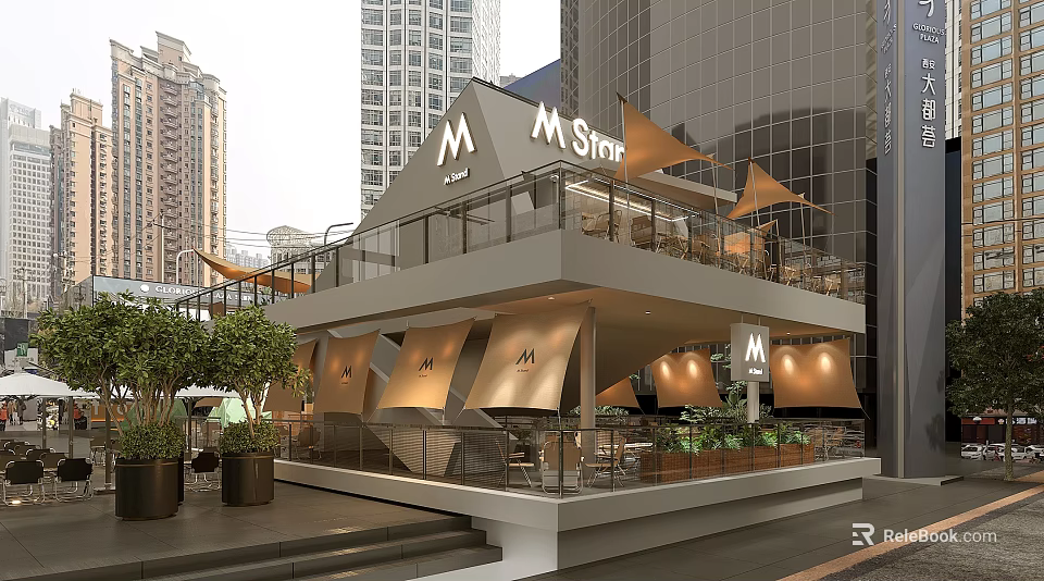 M Start Café Stylish Outdoor Terrace With Awnings Green Plants And High Rise Buildings 3d model 