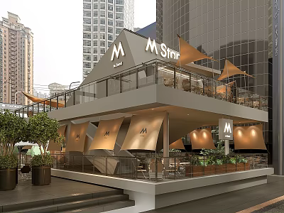 M Start Café Stylish Outdoor Terrace With Awnings Green Plants And High Rise Buildings 3d model