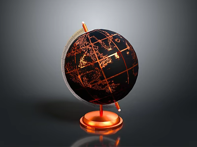 Black Globe With Orange Map Lines And Metal Stand On Orange Base 3d model