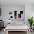 Modern Hotel Guest Room With White Bedding Beige Sofa Green Curtains And Decorative Paintings
