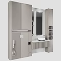 Contemporary Bathroom Vanity Design With Rectangular Mirror Stripped Wall White Countertop And Chrome Faucet 3d model