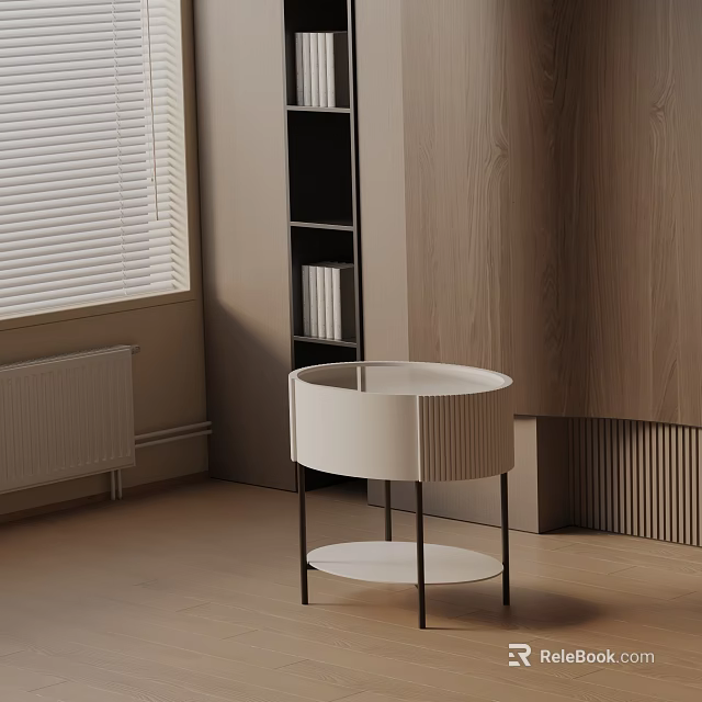Modern Round White Nightstand With Black Metal Legs Wooden Wall Bookshelf By Window With Blinds 3d model 