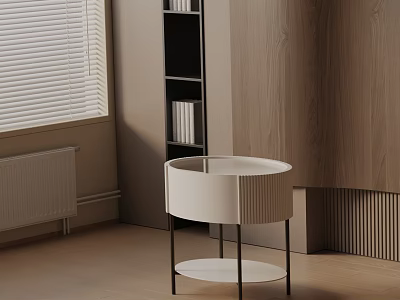 Modern Round White Nightstand With Black Metal Legs Wooden Wall Bookshelf By Window With Blinds 3d model