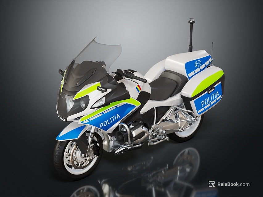 Police Motorcycle with Blue White Green Livery and Antenna for Patrol Duty 3d model 