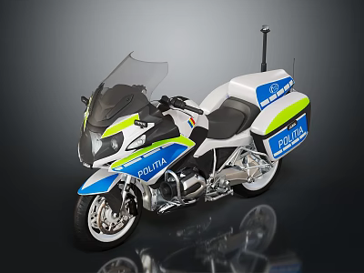 Police Motorcycle with Blue White Green Livery and Antenna for Patrol Duty 3d model