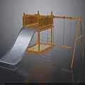 Wooden Playground Structure With Blue Slide Swing Set And Stairs