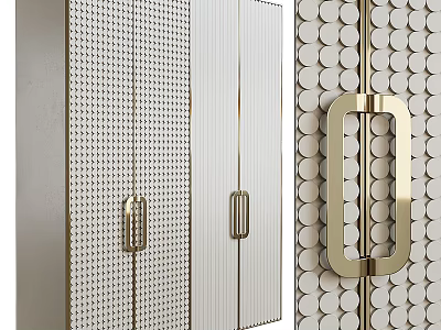 Modern Wardrobe Design With Perforated Metal Panels Mirrored Doors And Brass Handles 3d model