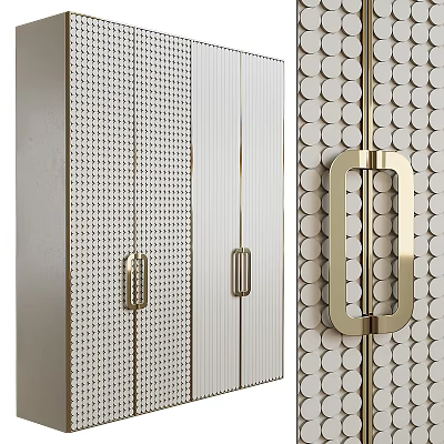 Modern Wardrobe Design With Perforated Metal Panels Mirrored Doors And Brass Handles 3d model