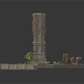 Modern Scene With Stone Pillar Vines Platform Moss And Mechanical Parts