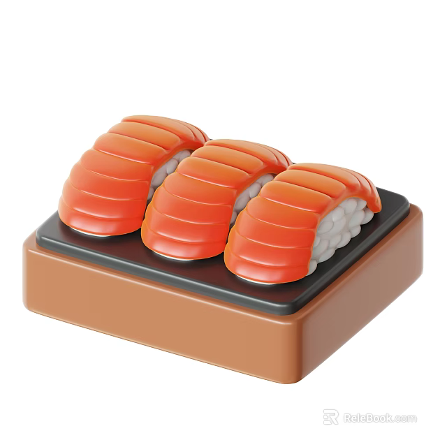 Appetizing Fresh Salmon Sushi Pieces On Brown Tray With White Rice 3d model 