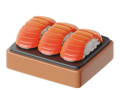 Appetizing Fresh Salmon Sushi Pieces On Brown Tray With White Rice 3d model