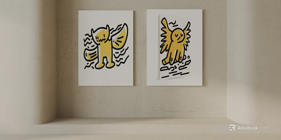 Yellow Cartoon Winged Characters Wall Art With White Frames On Beige Wall 3d model