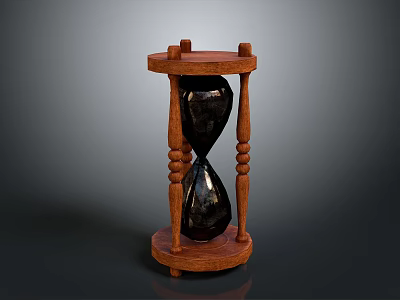 Classic Wooden Hourglass Structure With Black Sandglass And Decorative Pillars 3d model