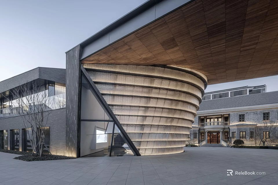 Modern Sales Office Building With Unique Curved Design And Wooden Roof Structure 3d model 