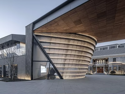 Modern Sales Office Building With Unique Curved Design And Wooden Roof Structure 3d model