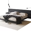 Modern Minimalist Double Bed Interior With Gray Blanket Light Sheets And Area Rug 3d model