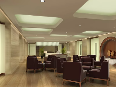 Modern Lounge Area Interior With Brown Leather Seats Wooden Flooring And Ceiling Lights 3d model